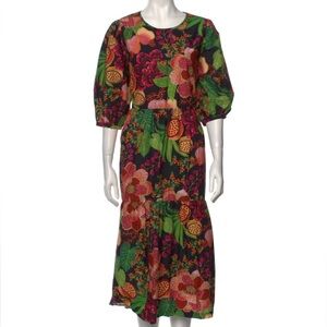 FARM Rio Red and Green Puff Sleeve Maxi Dress